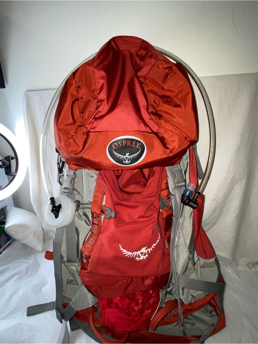 OSPREY Red and Gray Men's Hiking Backpack with Hydration